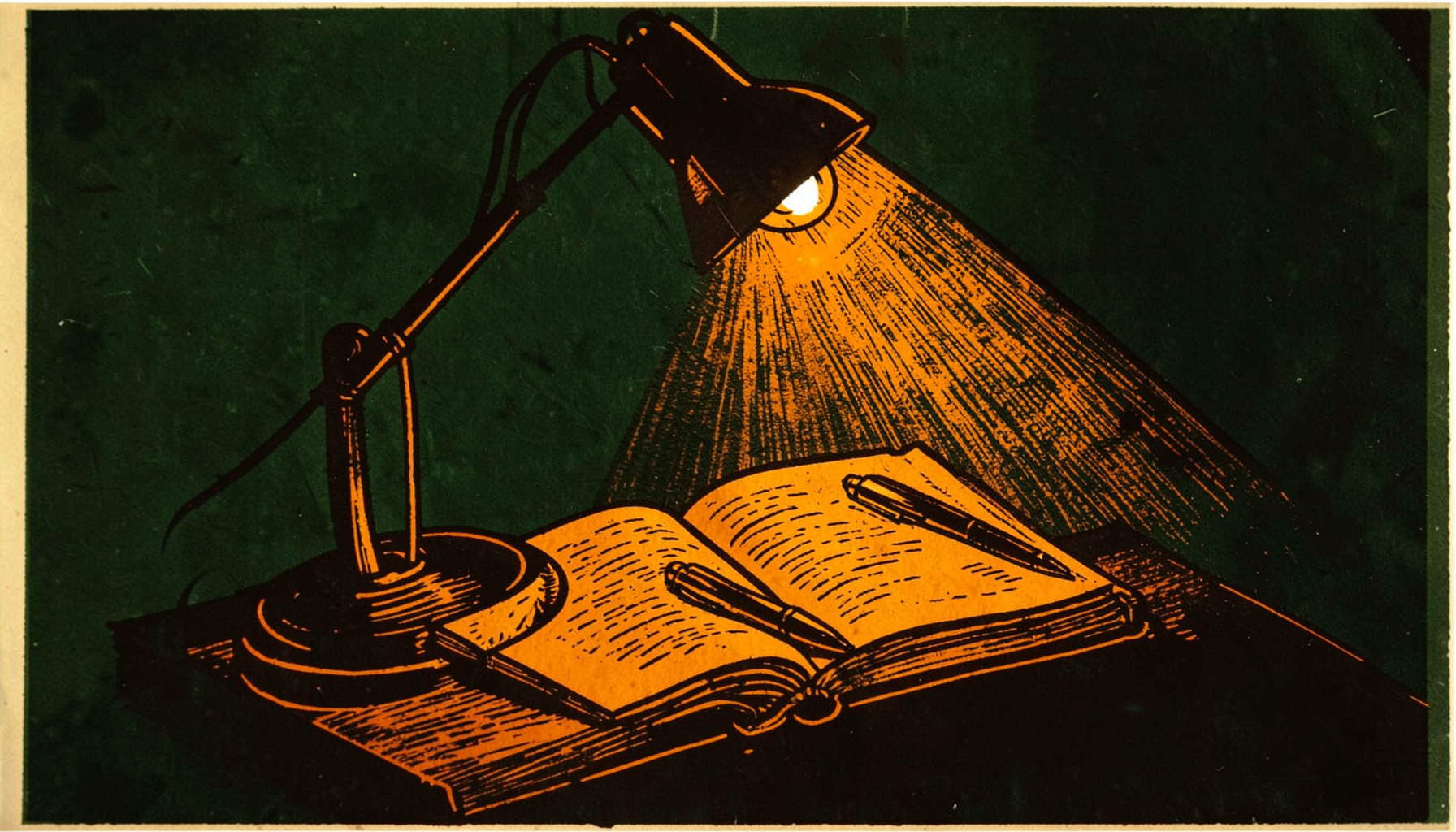 A linocut relief print of a desk lamp casting warm light across an open notebook and a pen, with deep brown and ochre tones against a dark green background.