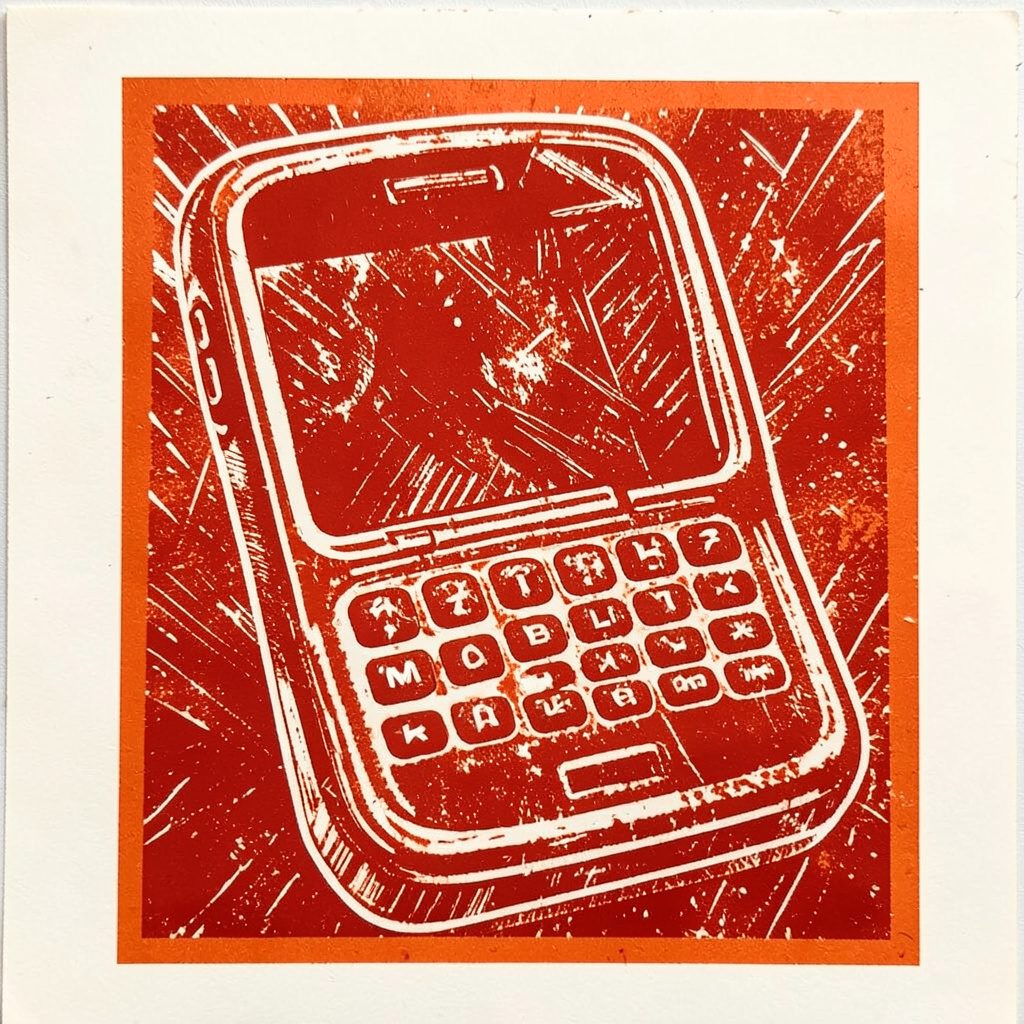 A carved linocut relief print of a handwritten letter on a desk beside a smartphone, warm ochre and deep brown tones against cream paper