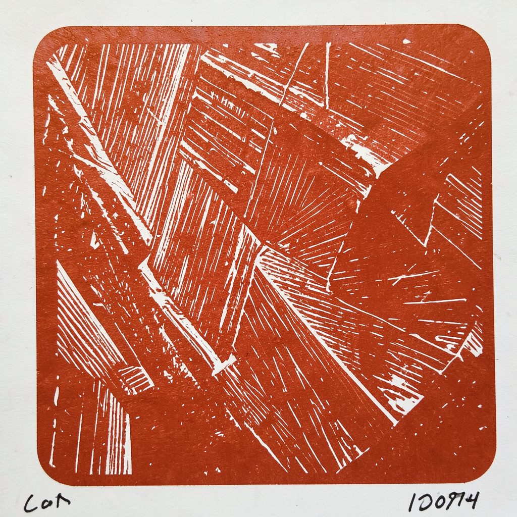 A linocut style carving of layered paper sheets and a fountain pen, carved in bold rust brown lines against a cream background, evoking a methodical academic writing mood