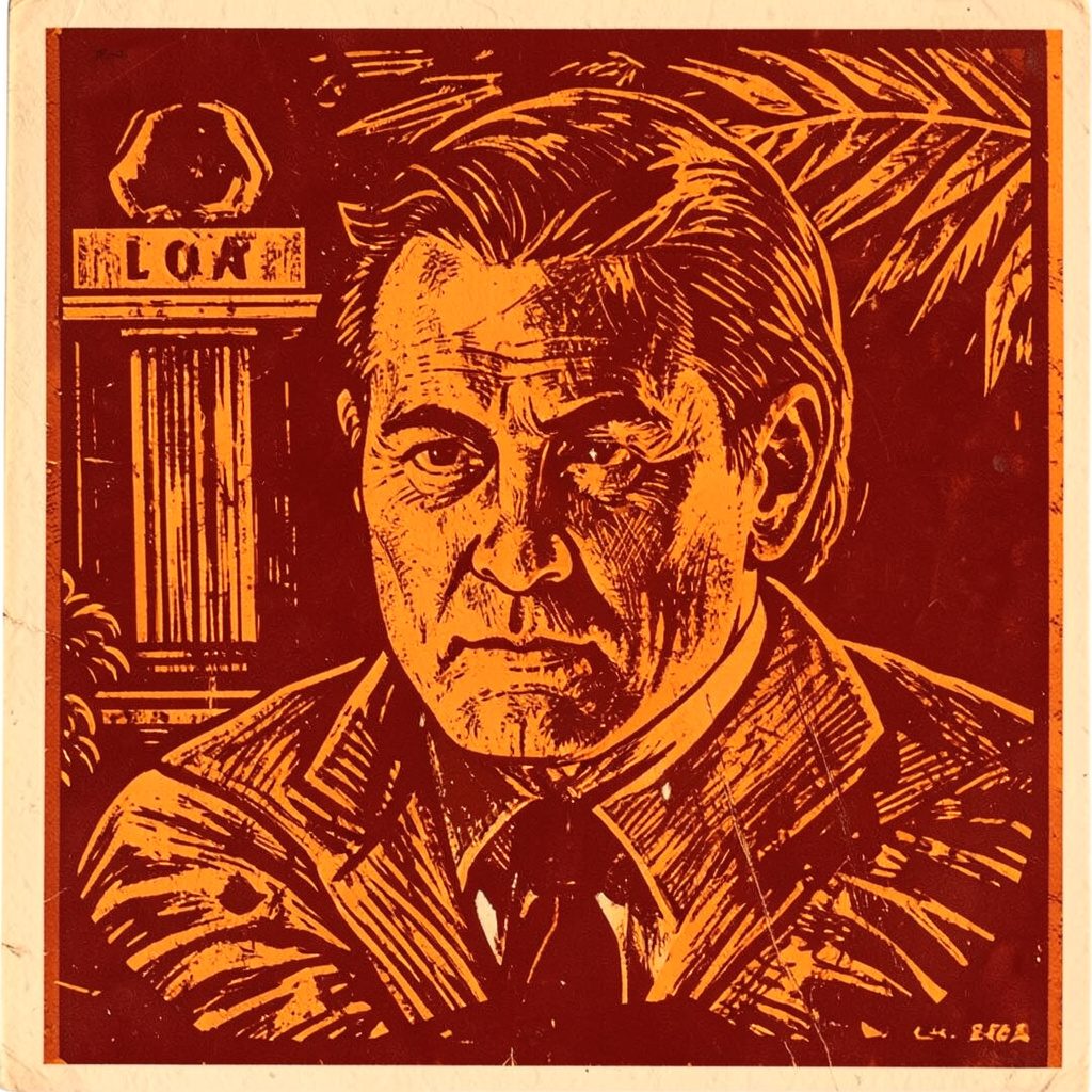A carved linocut relief print of a tidy desk with stacked books, an open notebook, and a reading lamp, rendered in warm ochre and deep brown tones against cream paper